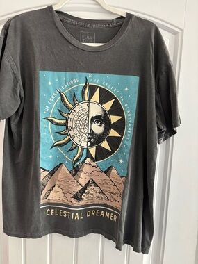 Full Tilt Charcoal Graphic Tee with Blue and Tan Celestial Print